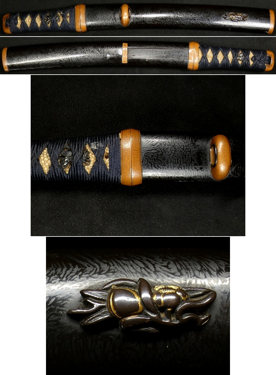 激安売店素銅地の揃い金具が付いた雰囲気の良い合口拵え　全長：約38ｃｍ　鞘には上質な飾り金具が付いています　k220 鍔、刀装具