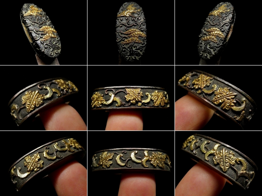 繊細な鶴松に五三桐紋図 赤銅魚々子地 金色絵 縁頭