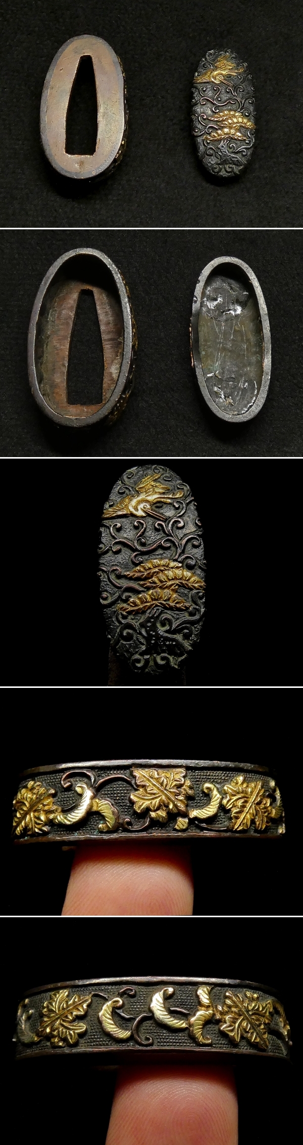 繊細な鶴松に五三桐紋図 赤銅魚々子地 金色絵 縁頭