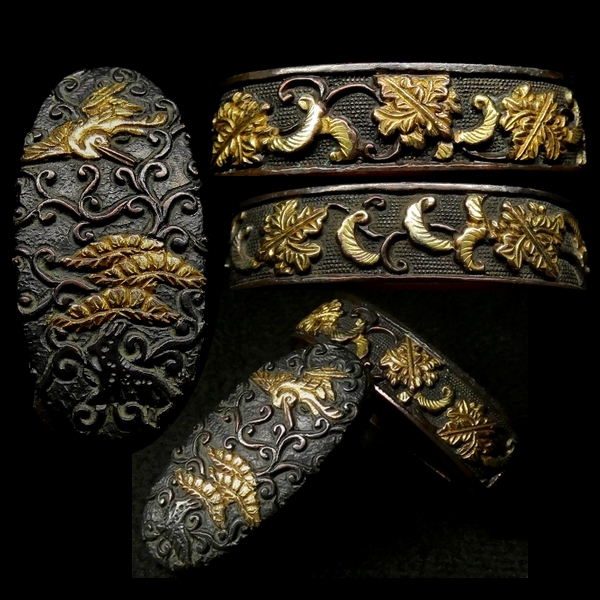 繊細な鶴松に五三桐紋図 赤銅魚々子地 金色絵 縁頭