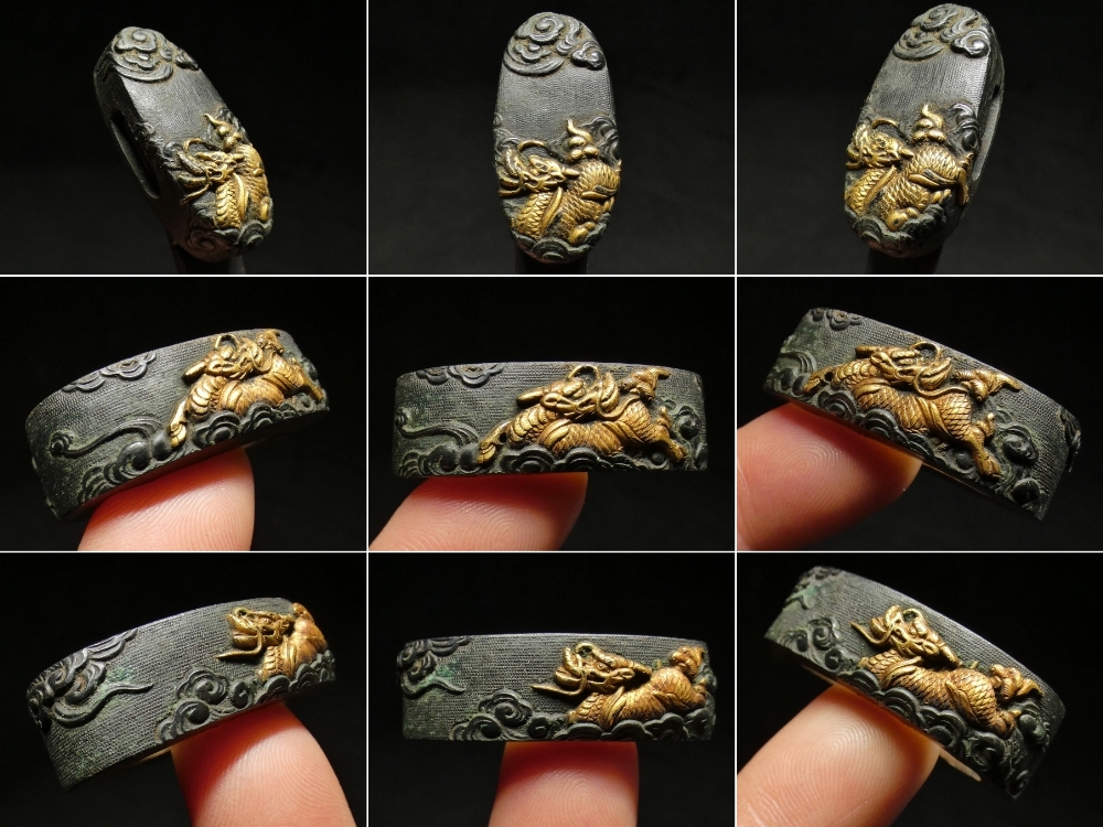 小柄の柄　金と銀と赤銅の装飾 後藤系統の優品 見応えある麒麟図 赤銅魚々子地 金色絵 縁頭 検：鍔/縁